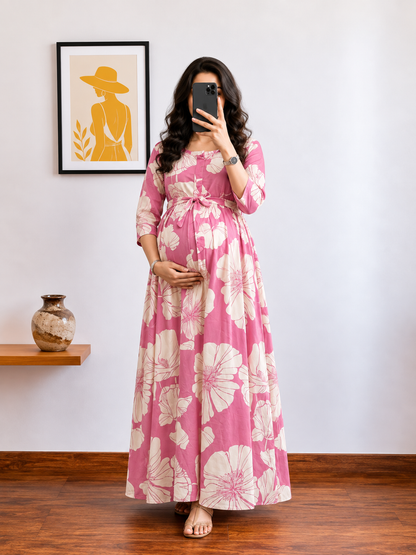 Baby Pink White Big Flower - Maternity Kurti with Feeding Zips - Soft Rayon