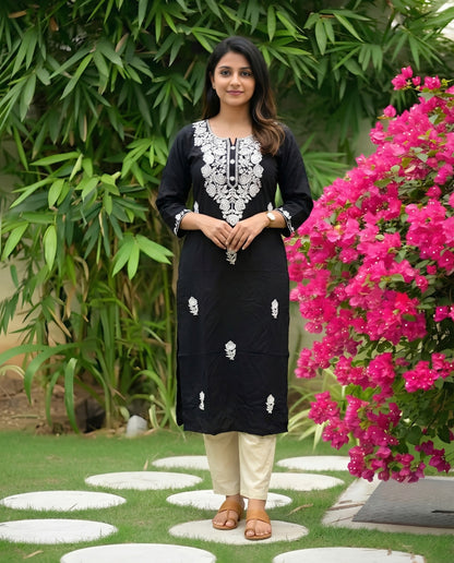 Black- Rose Embroidery - White Pant - Cord Set