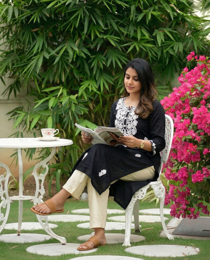Black- Rose Embroidery - White Pant - Cord Set