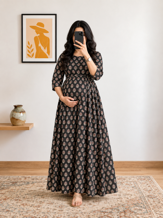 Ajrakh Sunflower Black - Maternity Kurti with Feeding Zips - Cotton Flex - Thicker Fabric