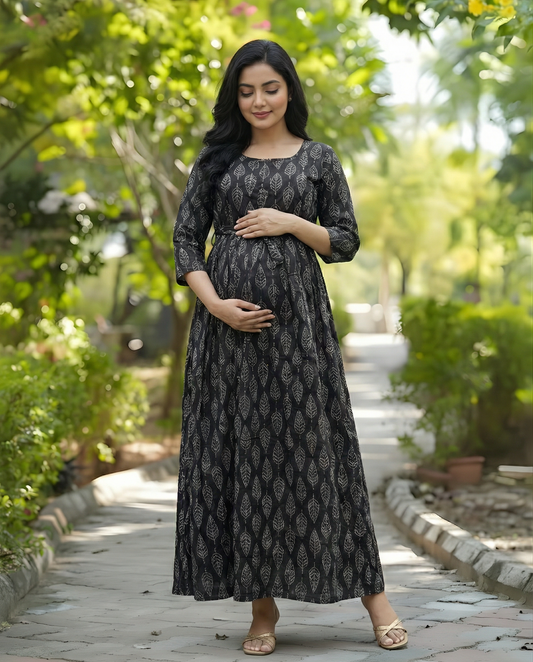 Black White Leaves - Maternity Kurti with Feeding Zips - Cambric Cotton