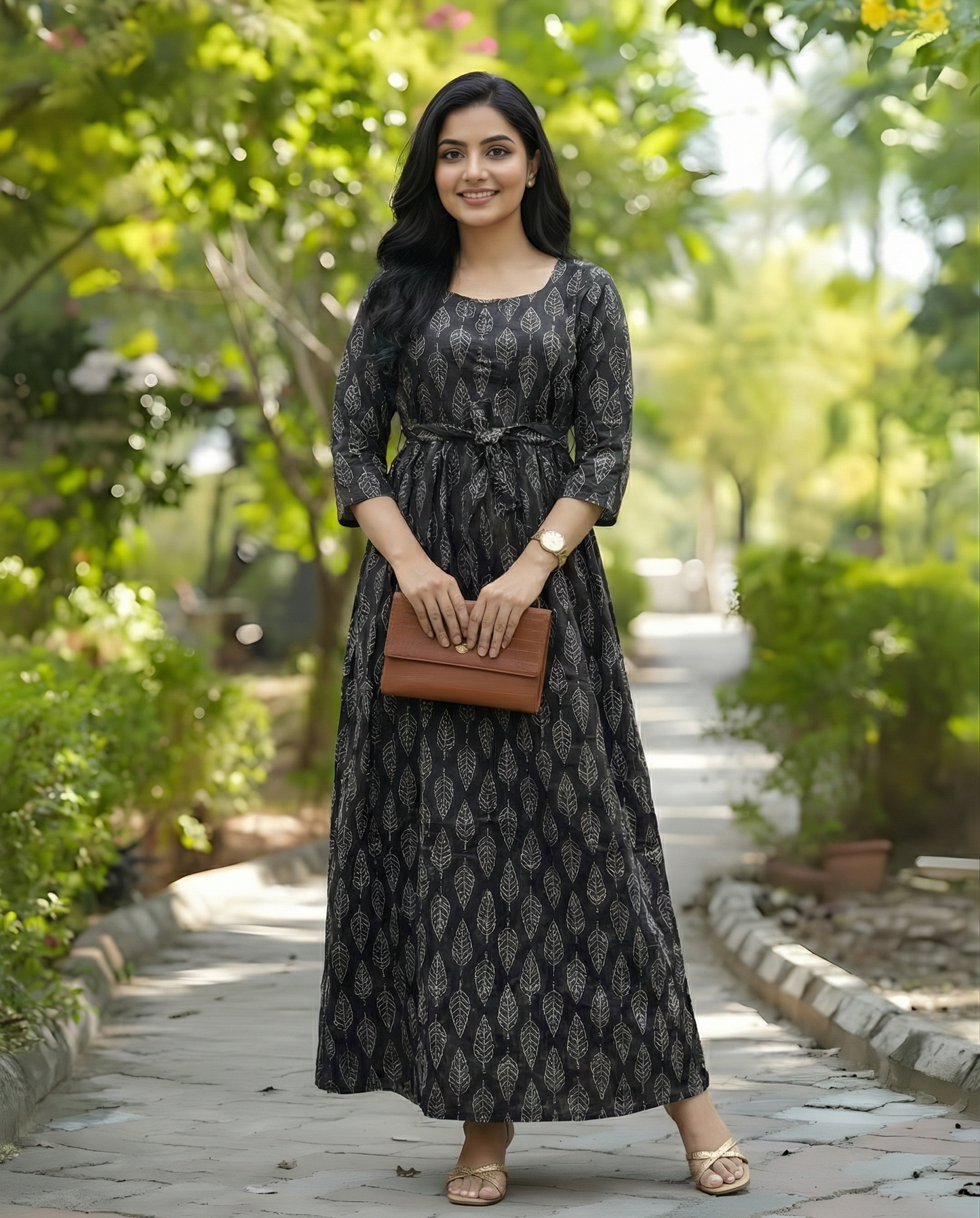 Black White Leaves - Maternity Kurti with Feeding Zips - Cambric Cotton