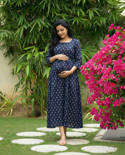 Blue Fine - Maternity Kurti with Feeding Zips - Soft Rayon