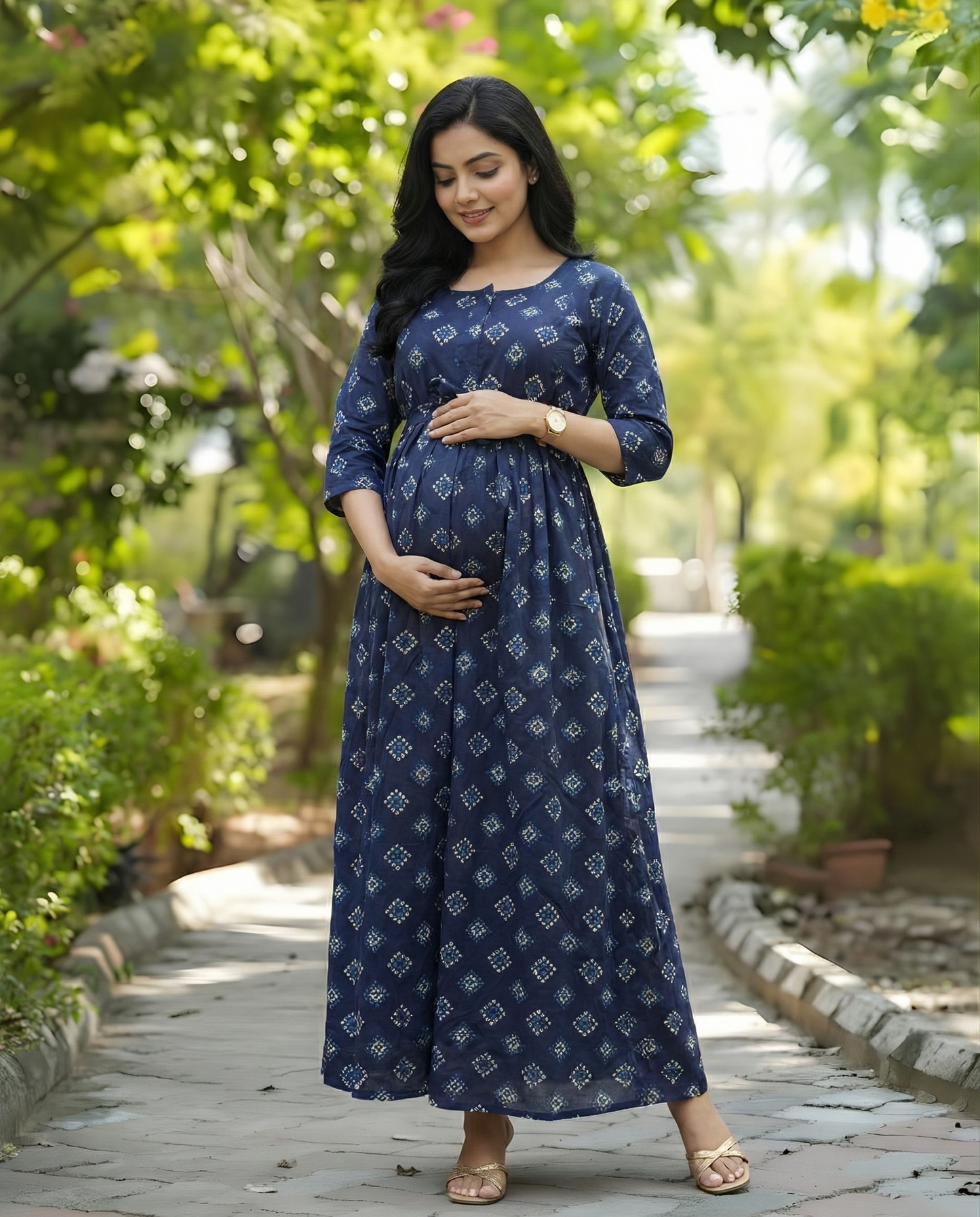 Blue Square Bandhani Print - Maternity Kurti with Feeding Zips - Soft Rayon
