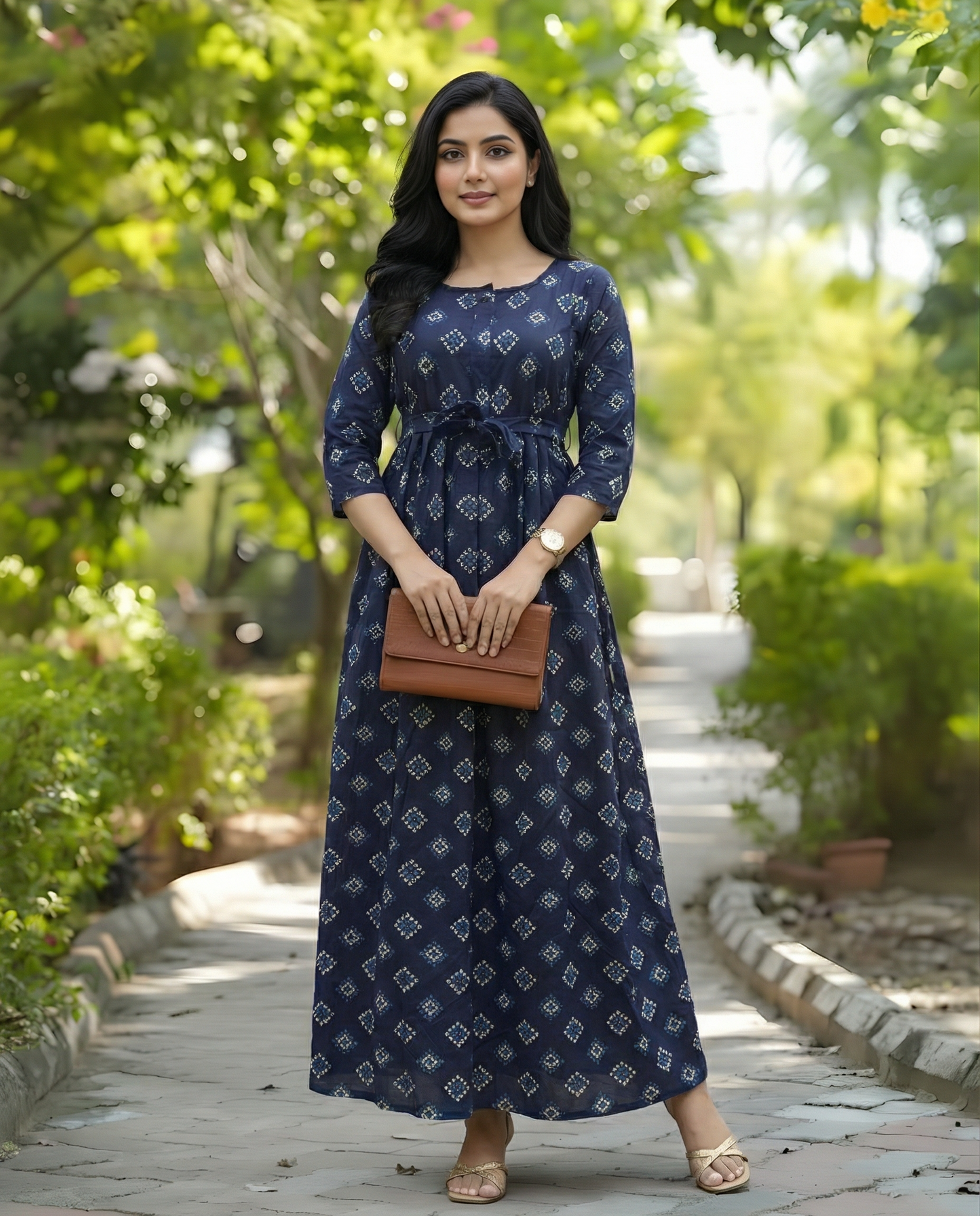 Blue Square Bandhani Print - Maternity Kurti with Feeding Zips - Soft Rayon