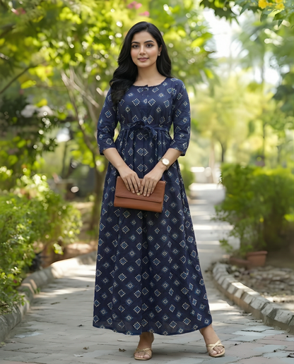 Blue Square Bandhani Print - Maternity Kurti with Feeding Zips - Soft Rayon