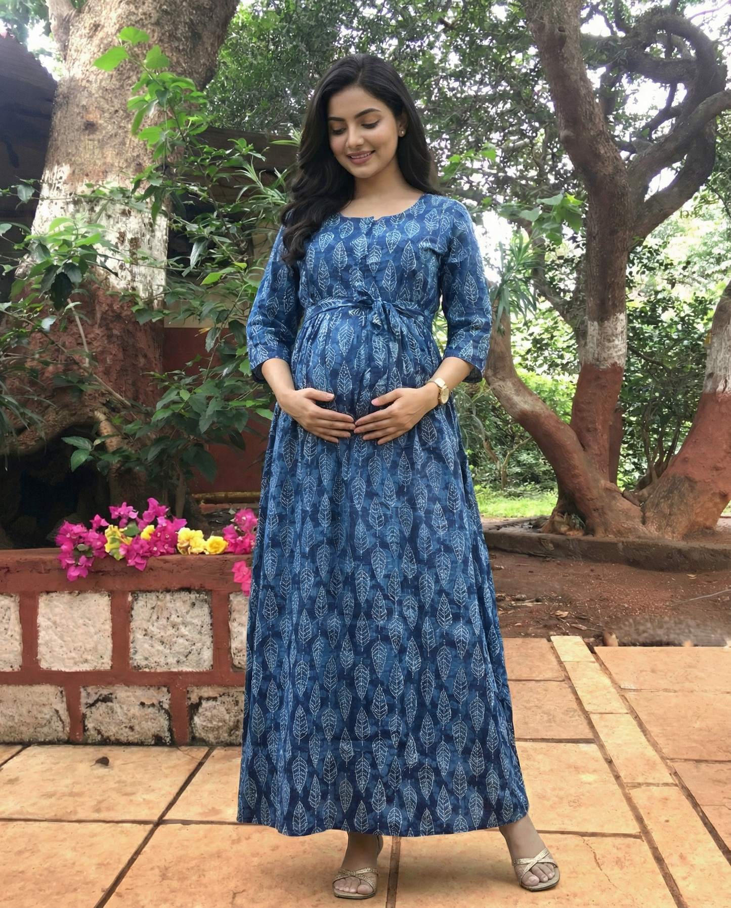 Blue White Leaves - Maternity Kurti with Feeding Zips - Cambric Cotton