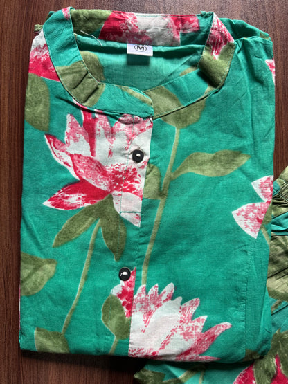 Knee Length - Green Lotus - Cord Sets - Pure Cotton
