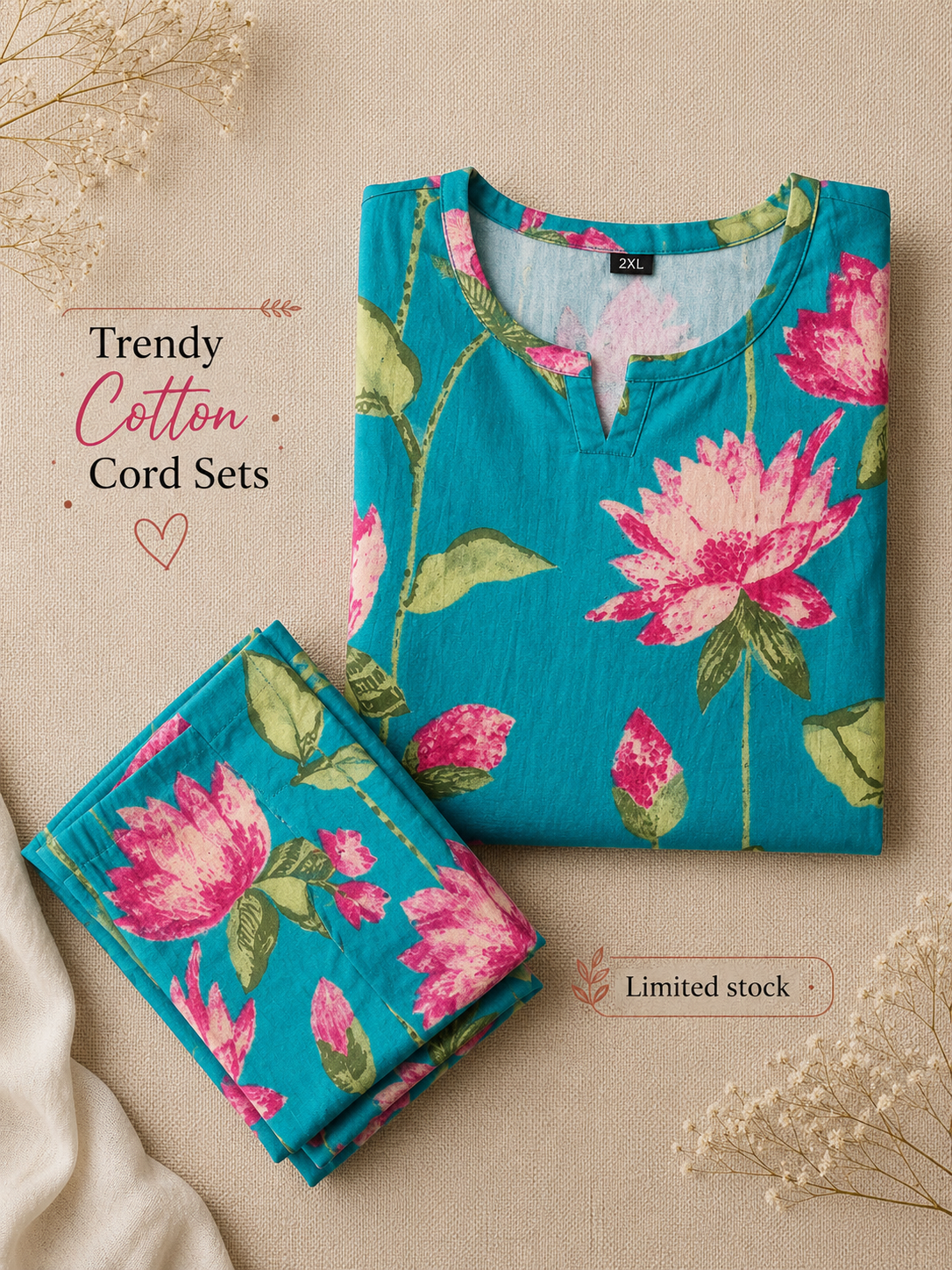 Lotus SeaGreen Pink - Cord Set - Pure Cotton