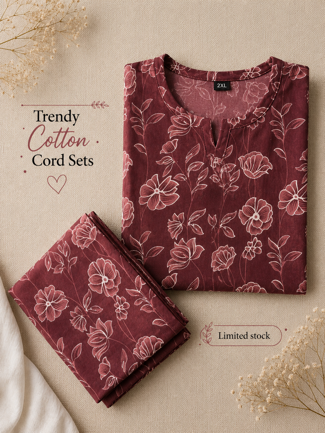 Multi Flower Maroon - Cord Set - Pure Cotton