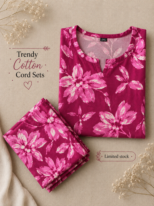 Jasmine White Flower - Pink - Cord Set - Pure Cotton