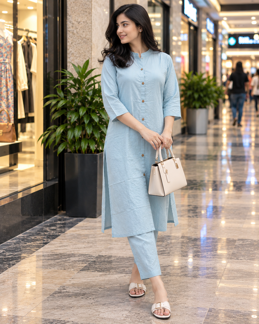 Katha Work - Sky Blue - Cord Set - Pure Cotton