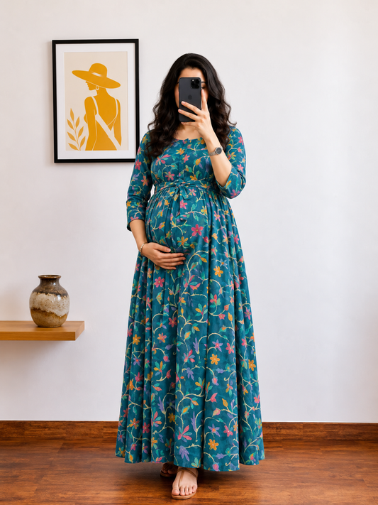 Daisy Sea Green - Maternity Dress with Feeding Zips - Pure Cotton