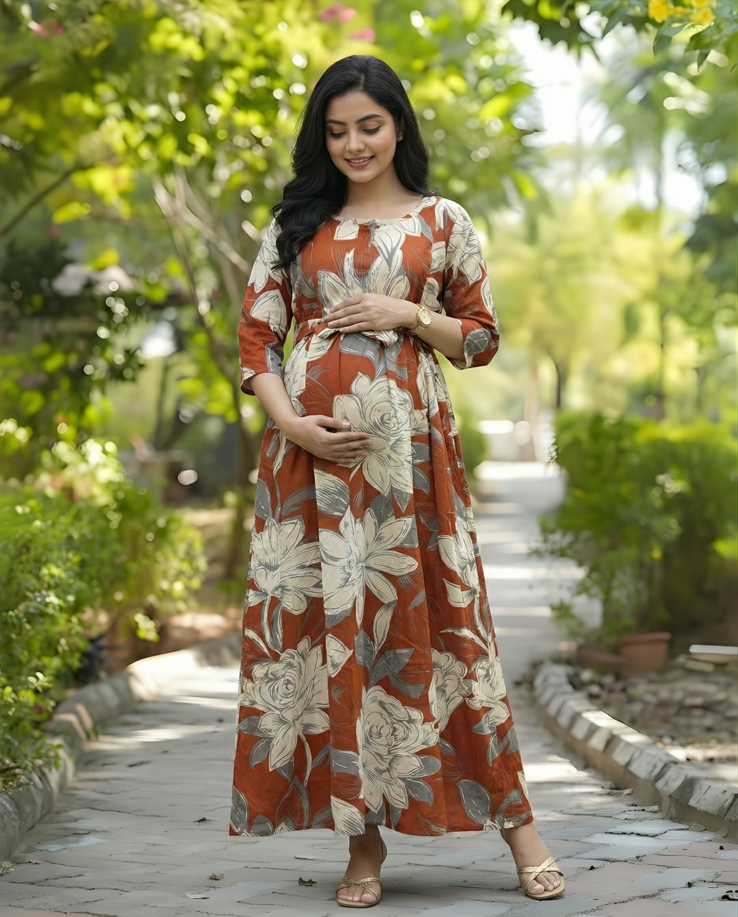 Dessert Cream Rose - Maternity Kurti with Feeding Zips - Soft Rayon
