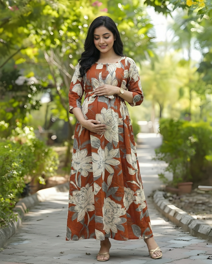 Dessert Cream Rose - Maternity Kurti with Feeding Zips - Soft Rayon