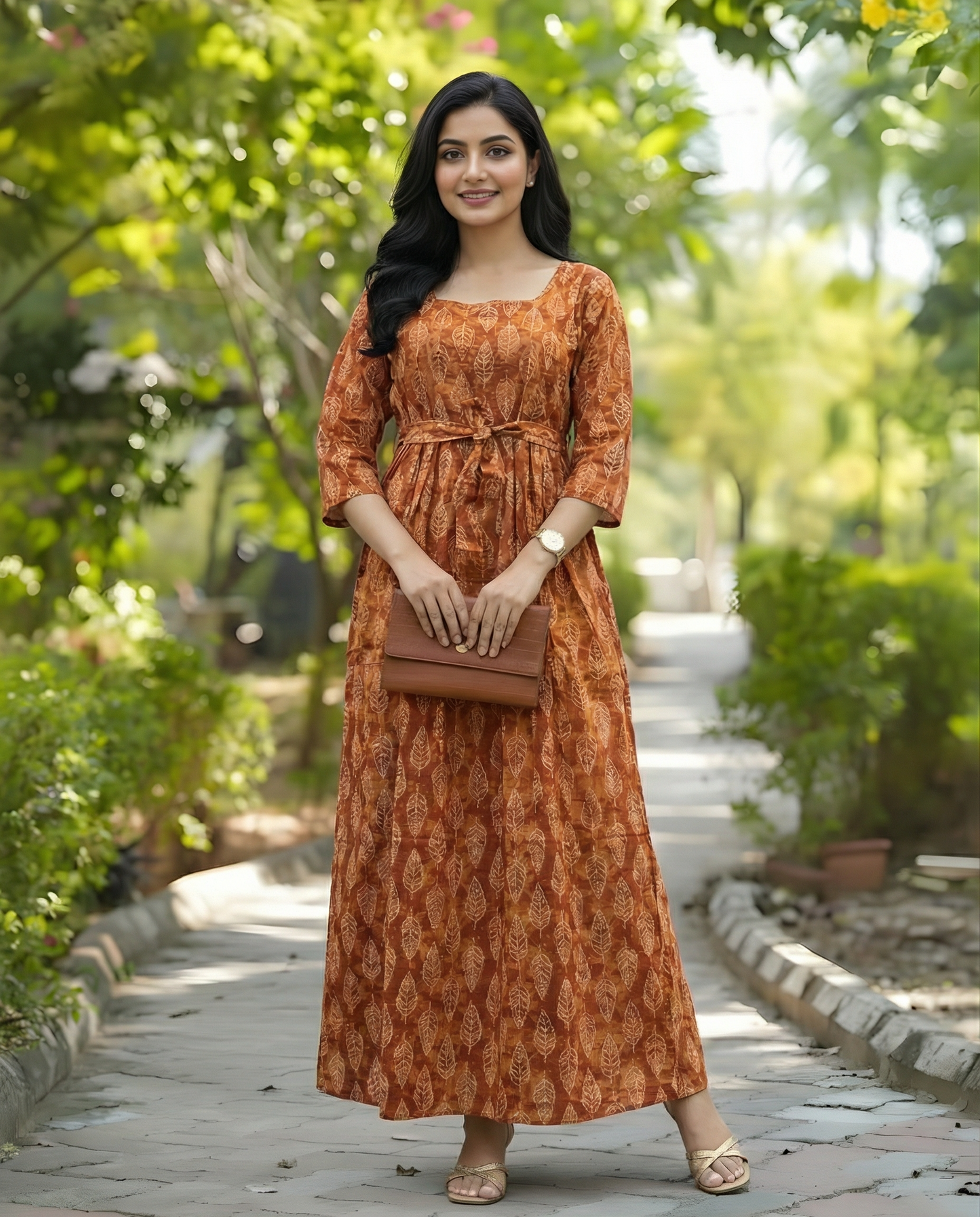 Dessert White Leaves - Maternity Kurti with Feeding Zips - Cambric Cotton