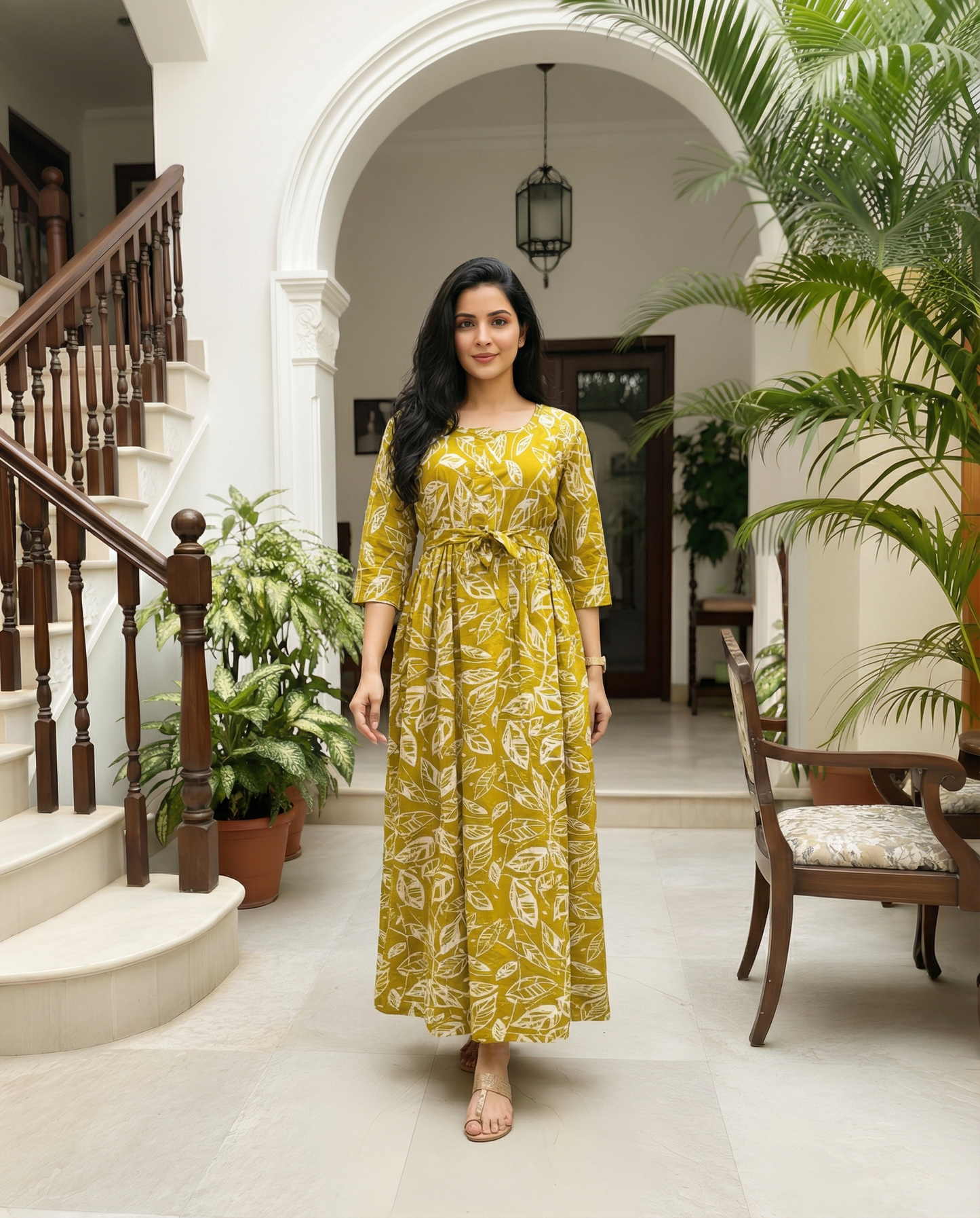Dessert Yellow Leaf - Maternity Kurti with Feeding Zips - Soft Rayon