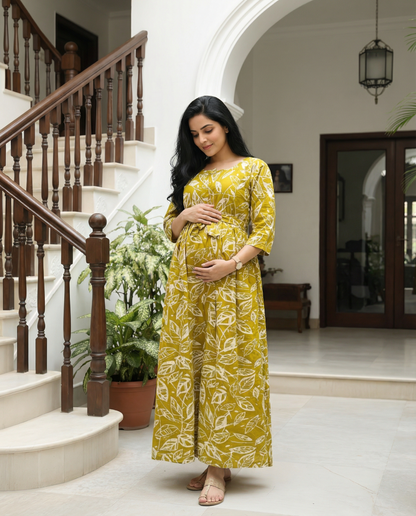 Dessert Yellow Leaf - Maternity Kurti with Feeding Zips - Soft Rayon