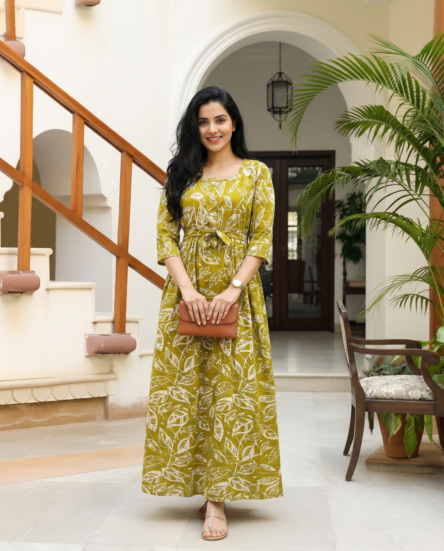 Dessert Yellow Leaf - Maternity Kurti with Feeding Zips - Soft Rayon