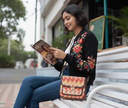 Feista - Orange Cream ZigZag - 4 Zips - pockets sling bag with Aztec Belt