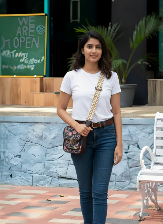 Feista - Black Garden - 4 Zips - pockets sling bag with Aztec Belt