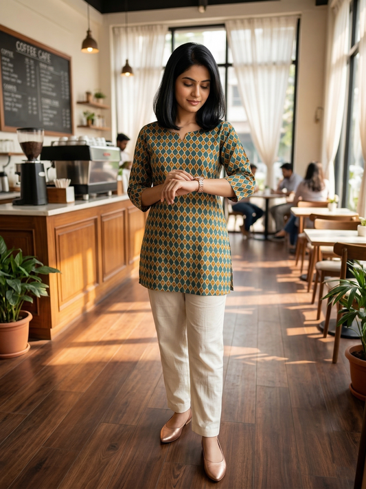 Sea Green Orange Honey - Cord Set - White Pant - Pure Cotton