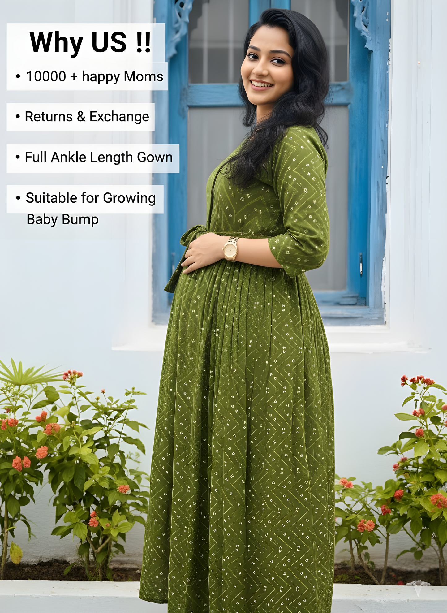 Green ZigZag Bandhani - Maternity Kurti with Feeding Zips - Soft Rayon