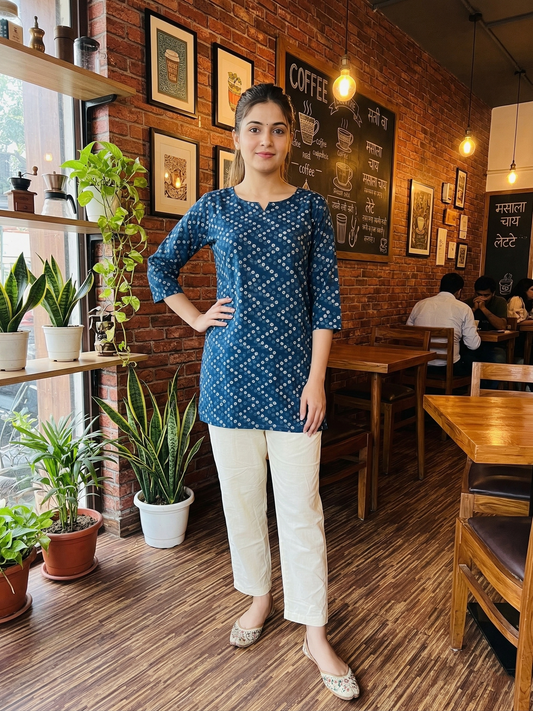 Blue Polka - Cord Set - White Pant  - Pure Cotton