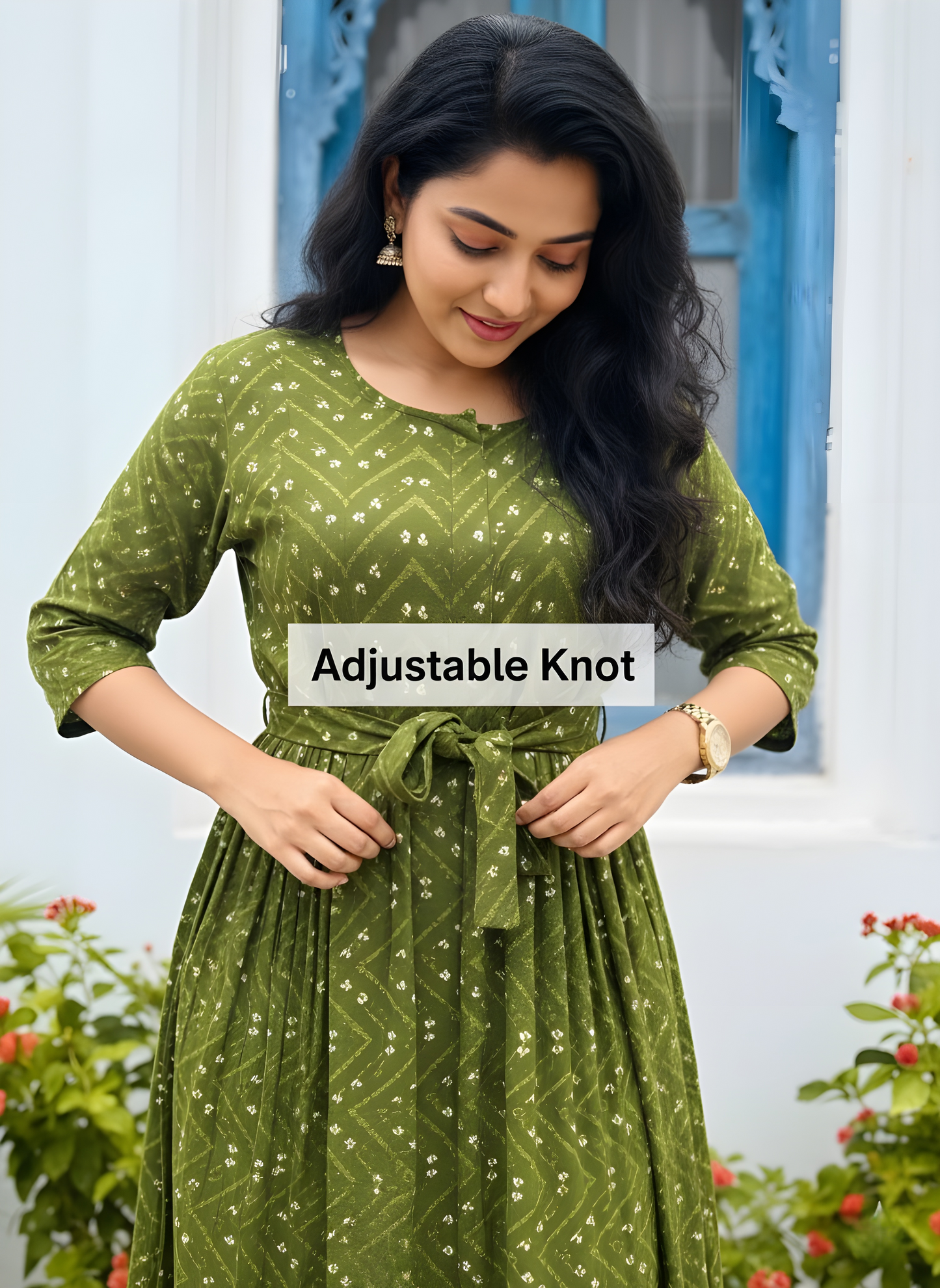 Green ZigZag Bandhani - Maternity Kurti with Feeding Zips - Soft Rayon
