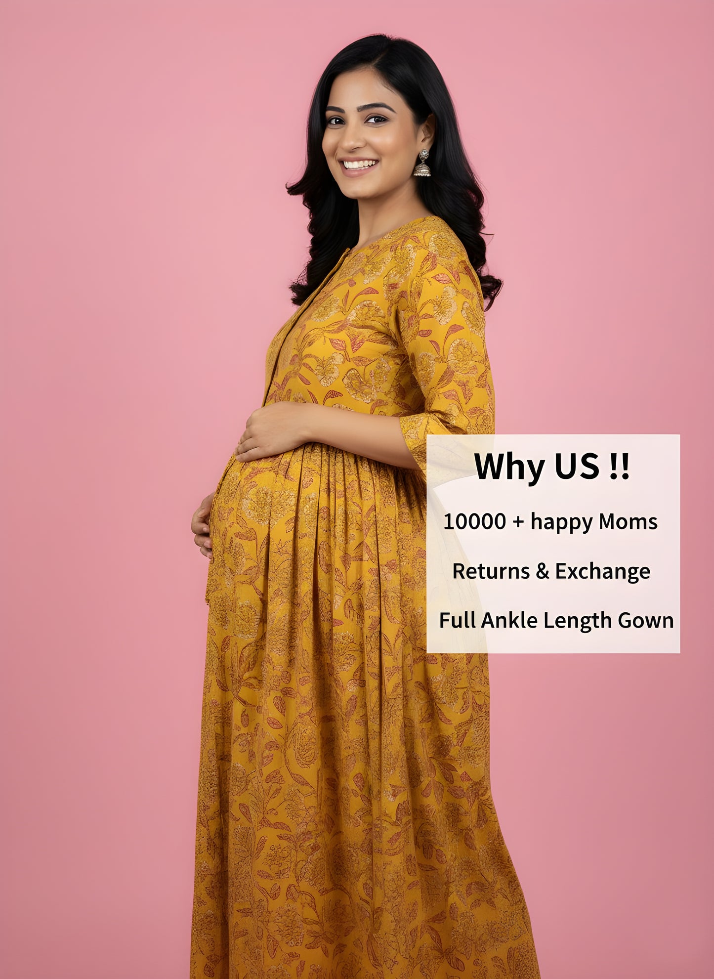 Yellow Flower - Maternity Kurti with Feeding Zips - Cambric Cotton
