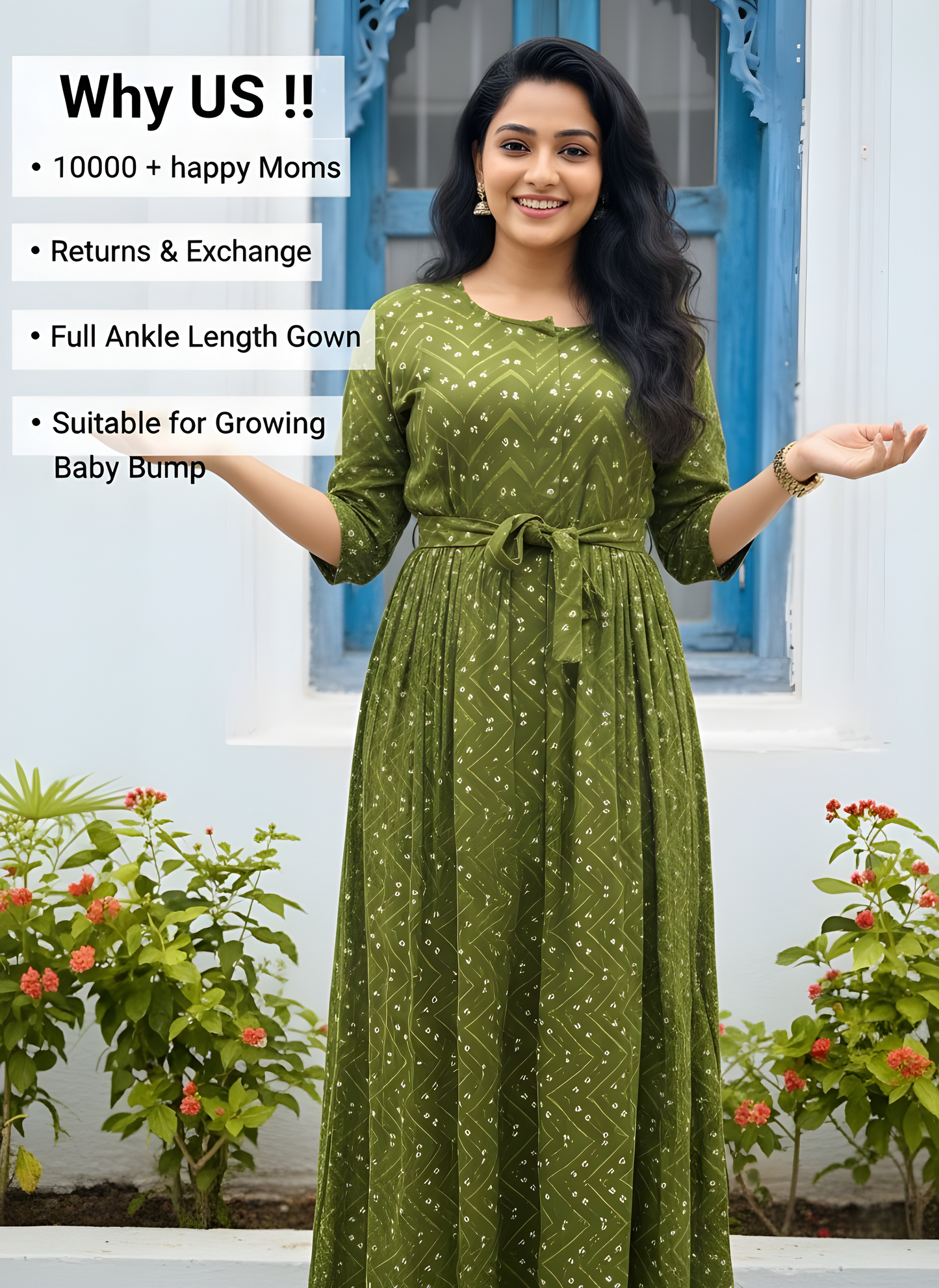 Green ZigZag Bandhani - Maternity Kurti with Feeding Zips - Soft Rayon