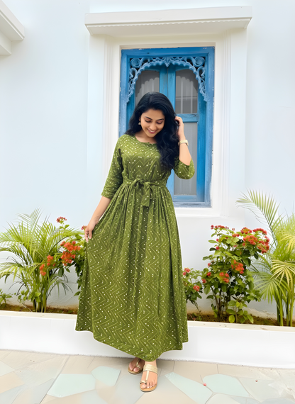 Green ZigZag Bandhani - Maternity Kurti with Feeding Zips - Soft Rayon