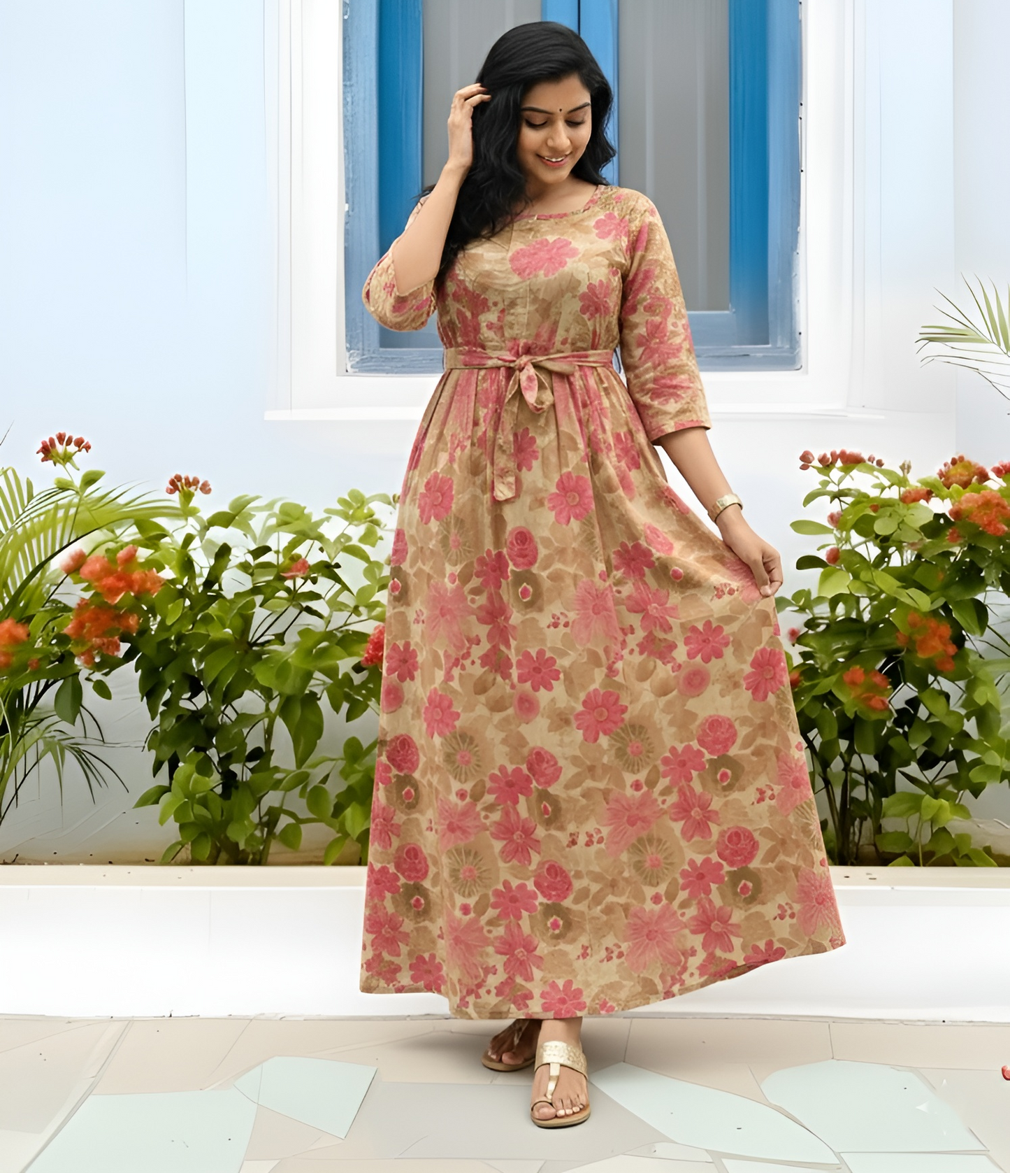 Daisy Baby Pink & Brown - Maternity Kurti with Feeding Zips - Cotton Flex - Thicker Fabric