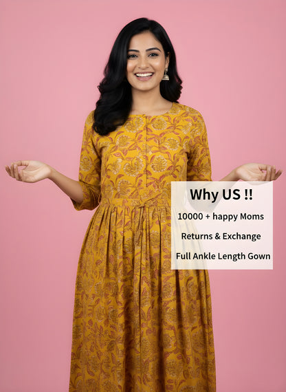 Yellow Flower - Maternity Kurti with Feeding Zips - Cambric Cotton
