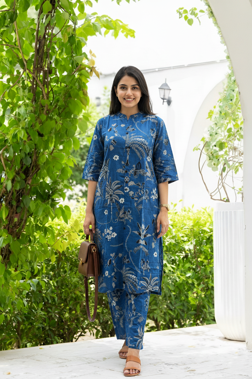 Knee Length - Blue Black Flower - Cord Sets - Pure Cotton