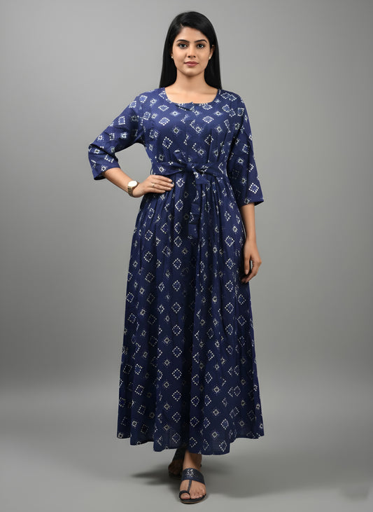 Blue Square Bandhani Print - Maternity Kurti with Feeding Zips - Cambric Flex - Thicker Fabric