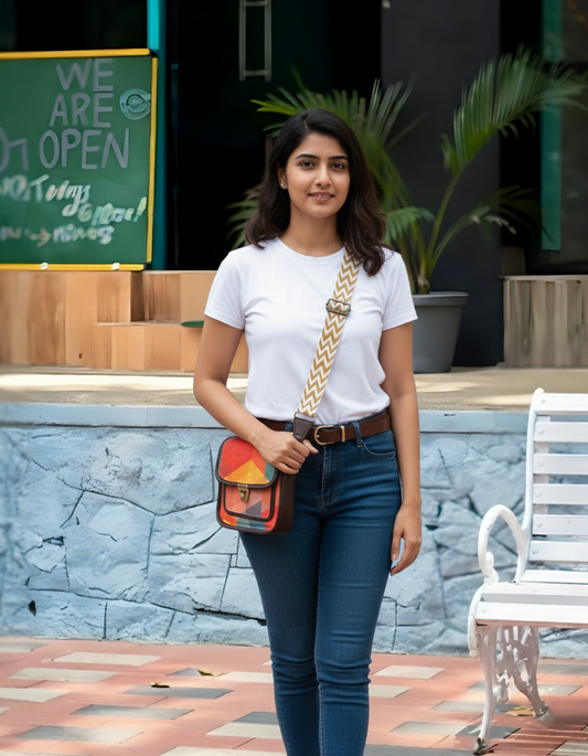 Feista - Orange Abstract - 4 Zips - pockets sling bag with Aztec Belt