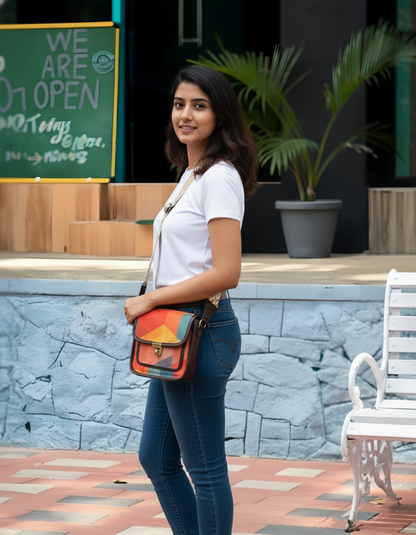 Feista - Orange Abstract - 4 Zips - pockets sling bag with Aztec Belt
