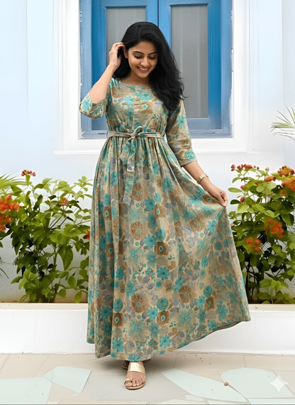 Daisy Sea Green & Brown - Maternity Kurti with Feeding Zips - Cotton Flex - Thicker Fabric