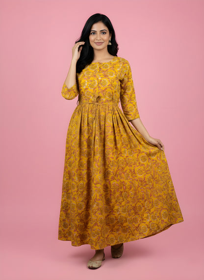 Yellow Flower - Maternity Kurti with Feeding Zips - Cambric Cotton