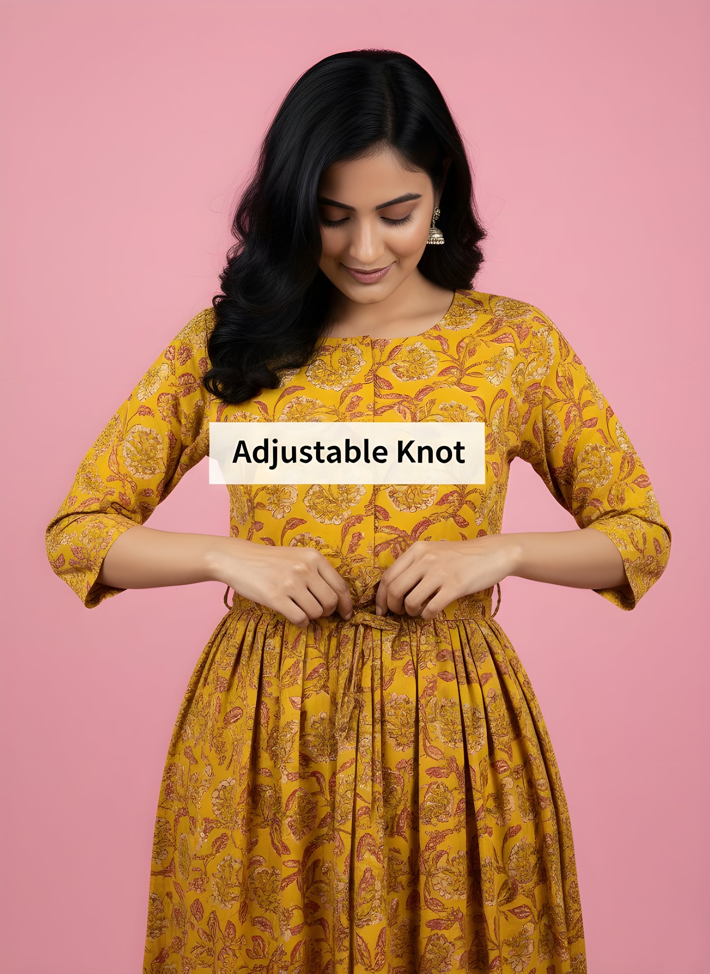 Yellow Flower - Maternity Kurti with Feeding Zips - Cambric Cotton