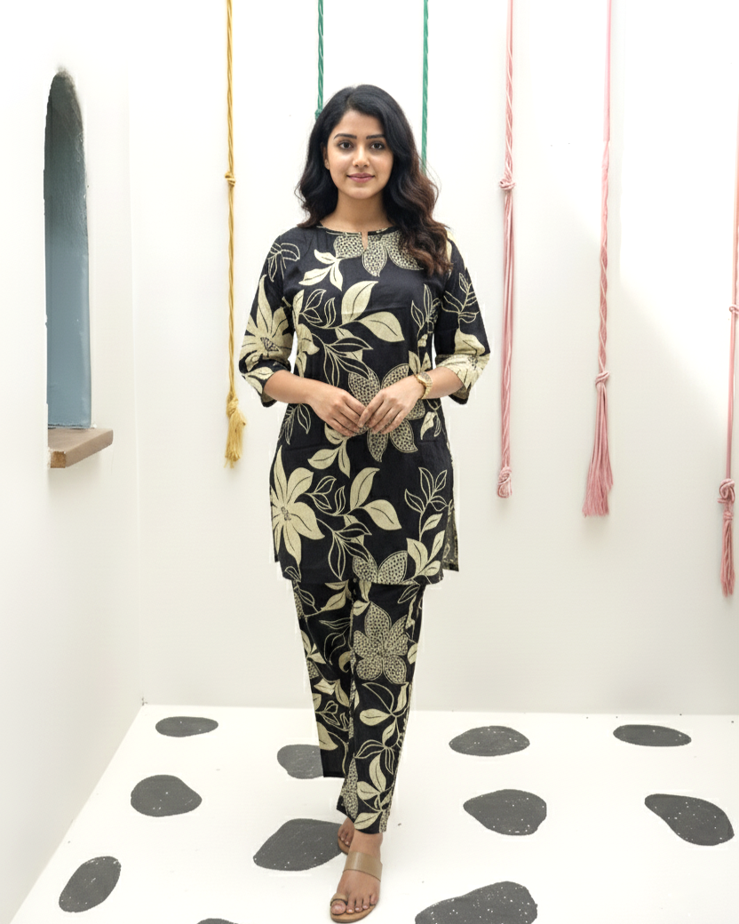 Lily Flower - Black - Cord Set - Pure Cotton