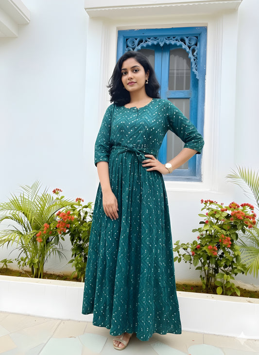 Peacock Blue ZigZag Bandhani - Maternity Kurti with Feeding Zips - Soft Rayon