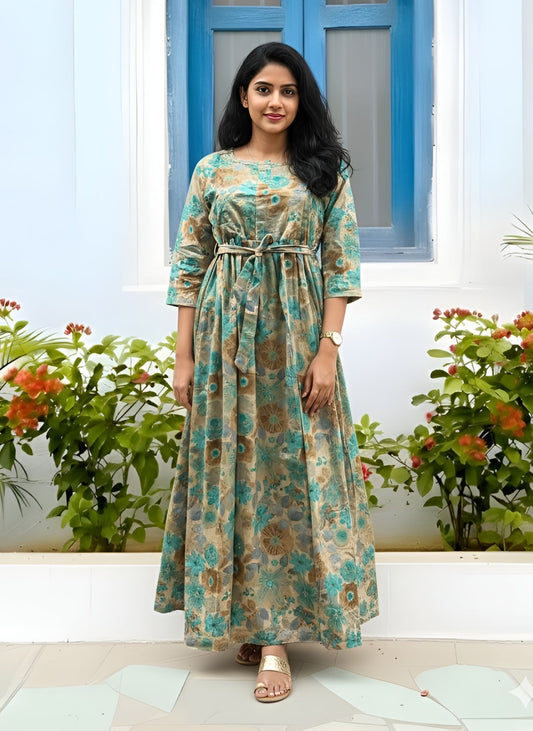 Daisy Sea Green & Brown - Maternity Kurti with Feeding Zips - Cotton Flex - Thicker Fabric