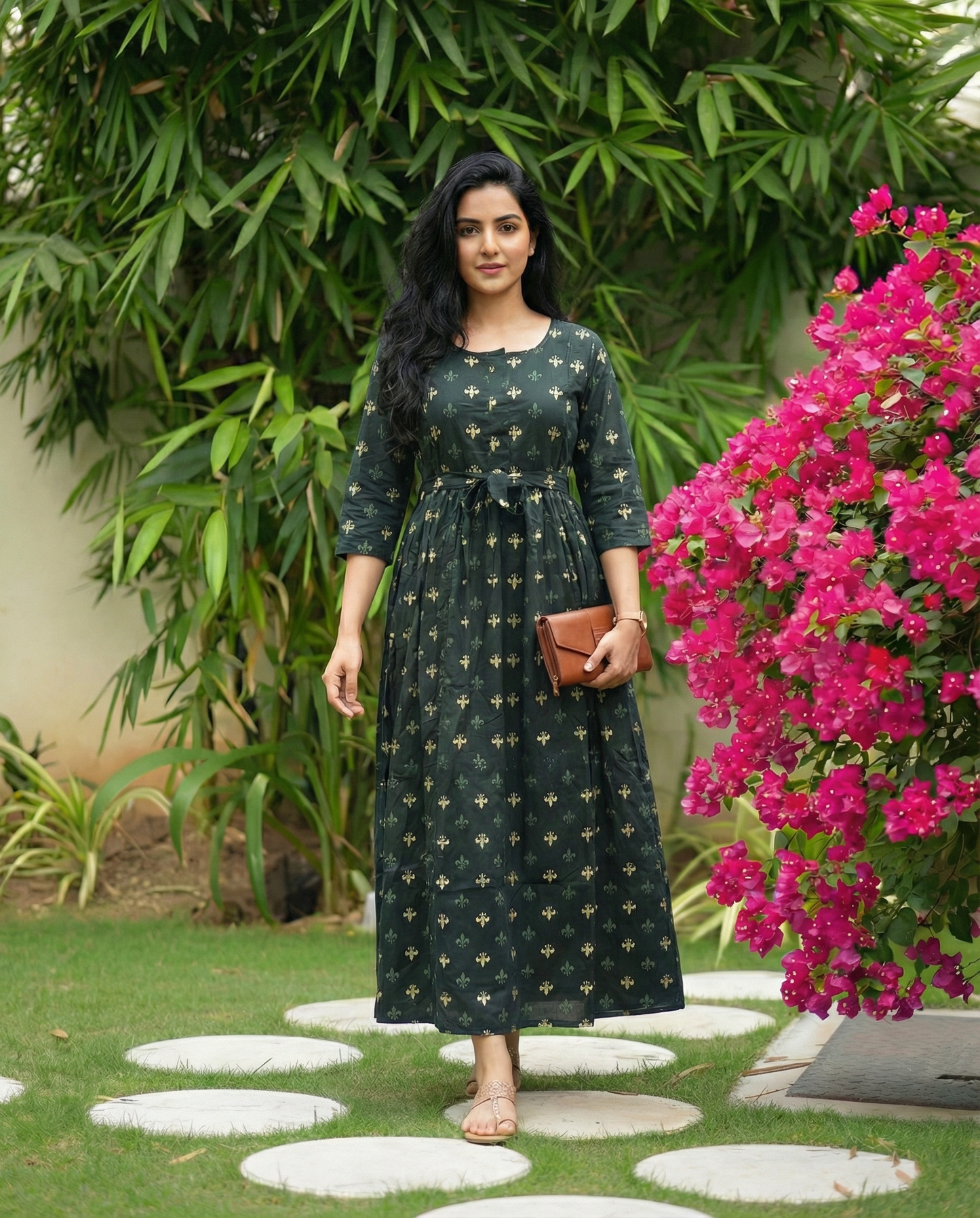 Green Cream Flower - Maternity Kurti with Feeding Zips - Soft Rayon