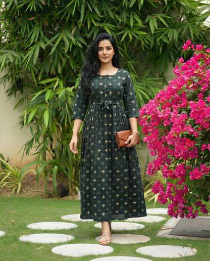 Green Cream Flower - Maternity Kurti with Feeding Zips - Soft Rayon