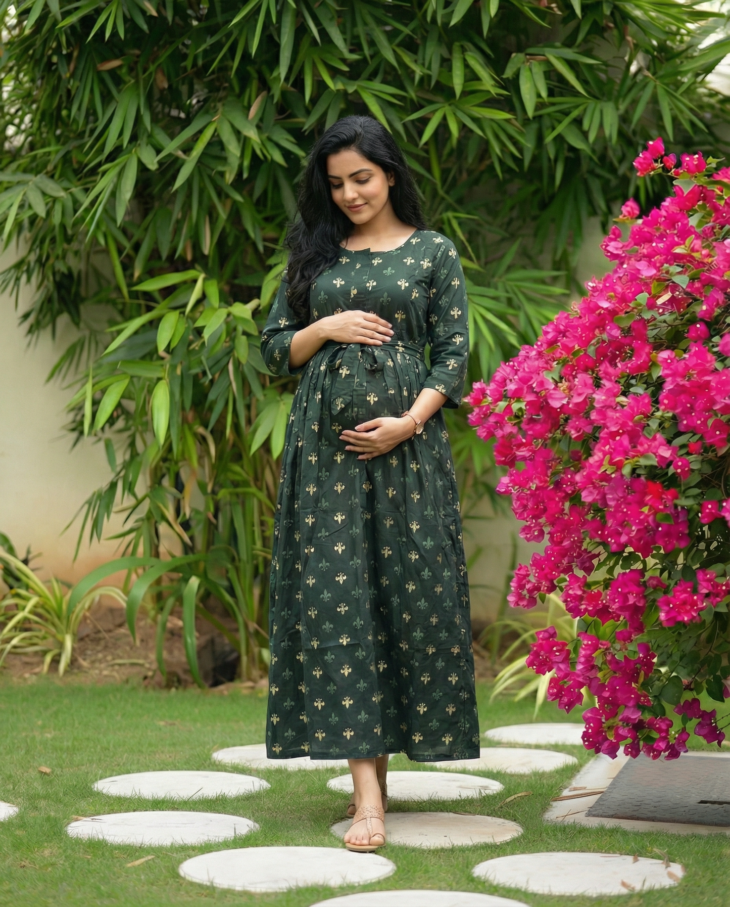 Green Cream Flower - Maternity Kurti with Feeding Zips - Soft Rayon