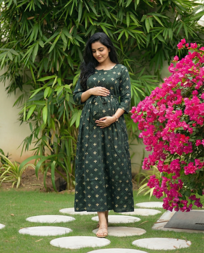Green Cream Flower - Maternity Kurti with Feeding Zips - Soft Rayon