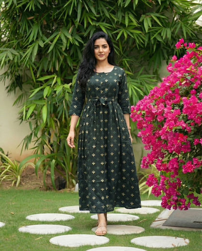 Green Cream Flower - Maternity Kurti with Feeding Zips - Soft Rayon