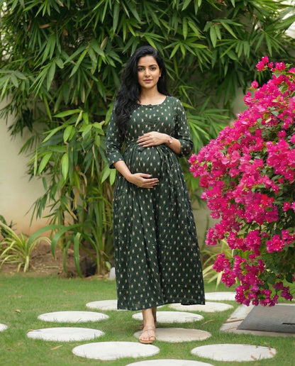 Green Fine - Maternity Kurti with Feeding Zips - Soft Rayon